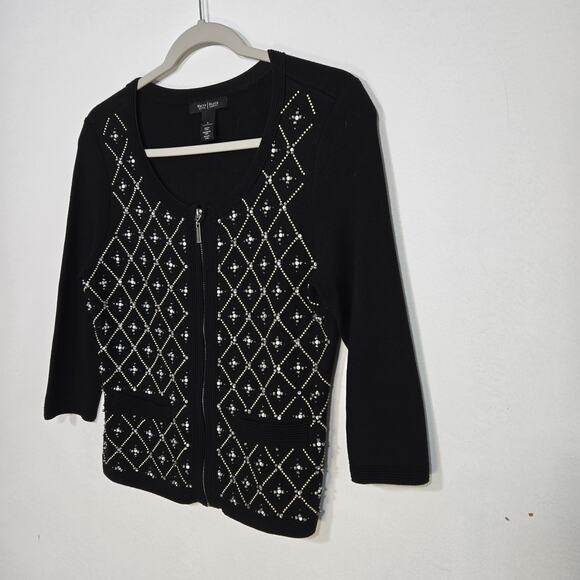 White House Black Market Full Zip Knit Black Beaded Cardigan. Size Small - Picture 2 of 9